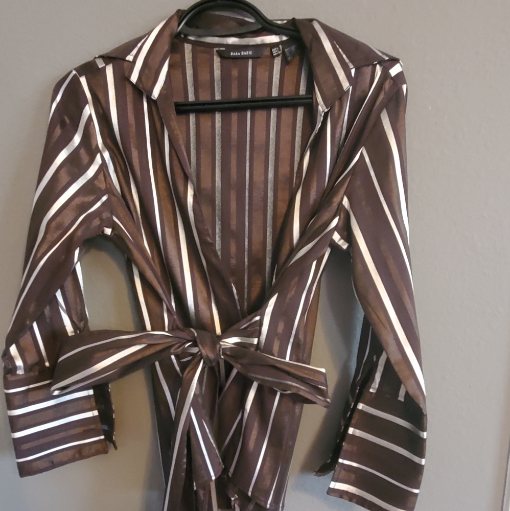 Gorgeous brown and silver wrap blouse